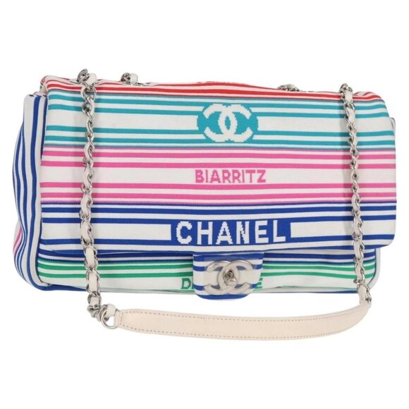 CHANEL Chain Shoulder Bag Canvas White Multicolor CC Auth 117109AM - Picture 1 of 16